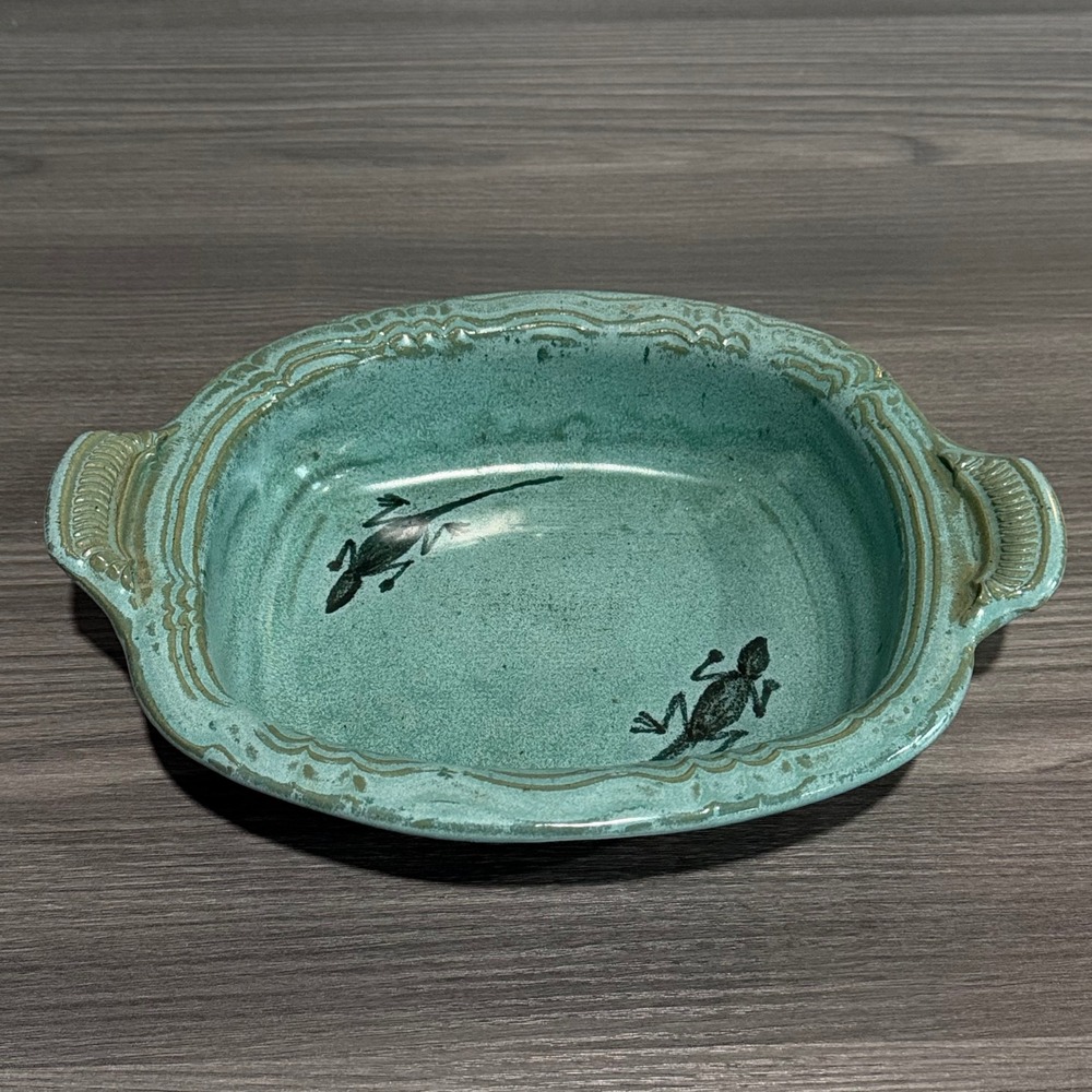 Vintage Blaisdell Studio Pottery Lizard Gecko Turquoise Casserole Dish Signed